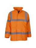 YK045 by Yoko is an orange high-visibility jacket featuring reflective gray stripes, front snap buttons, and two pockets.