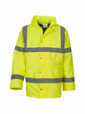 A Yoko YK045 high-visibility safety jacket in yellow featuring gray reflective strips across the chest, back, and arms.