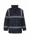 The Yoko YK046 is a dark jacket with reflective horizontal stripes, a high collar, buttons, and pockets.