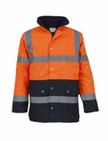 Yoko's YK048 is an orange and black high-visibility jacket featuring reflective gray stripes and a button closure.
