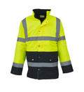 The Yoko YK048 is a high-visibility jacket in yellow and black with reflective stripes, showcased against a plain white background.