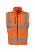 YK050 by Yoko: A safety vest in orange featuring reflective gray stripes, a front zipper, and two zipped chest pockets.