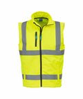 The Yoko YK050 safety vest features a vibrant yellow color, reflective gray stripes, and a convenient zippered front.
