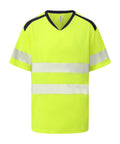 The Yoko Hi-vis mandarin collar comfort trim t-shirt (HVJ430) is a short-sleeved, high-visibility yellow shirt with two horizontal torso stripes, one reflective stripe per sleeve, black shoulder accents, and a V-neck.
