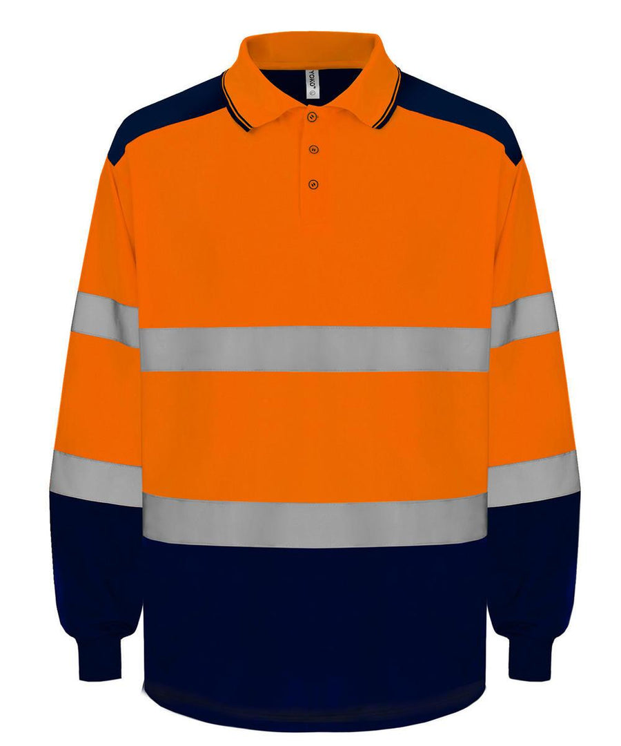 The Yoko Hi-vis two-tone long sleeve polo (HVJ330) features a high-visibility orange top, navy blue bottom, two horizontal reflective silver stripes on the torso and arms, and a buttoned collar.