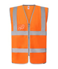 The Yoko Hi-vis zip ID reflective border waistcoat (HVW103) is an orange safety vest with grey reflective stripes, a front zip fastening, and a clear ID pocket on the left chest, shown against a white background.