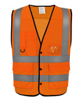 The Yoko Hi-vis superior open mesh button waistcoat (HVW860) features orange fabric, reflective silver stripes, multiple front pockets, mesh panels, black trim, and a clear ID holder on the left chest.