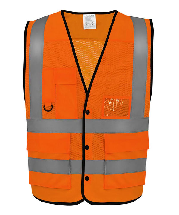 The Yoko Hi-vis superior open mesh button waistcoat (HVW860) features orange fabric, reflective silver stripes, multiple front pockets, mesh panels, black trim, and a clear ID holder on the left chest.