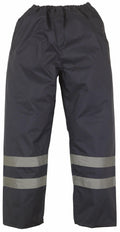 Yoko's YK070 rain pants in black, featuring reflective stripes on the lower legs.
