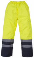 Yoko YK072 safety pants in bright yellow featuring reflective gray and black bands near the cuffs.