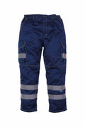 Yoko's YK073 cargo pants in blue feature reflective silver stripes on the legs, multiple pockets, and belt loops.