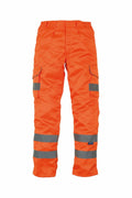 The Yoko YK073 high-visibility work pants are orange with reflective gray strips on the legs and feature cargo pockets on the sides.