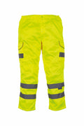 Yoko's YK073 high-visibility work pants in yellow feature reflective stripes on the thighs and calves. Constructed from durable materials, they offer multiple pockets and an elastic waistband for enhanced safety and comfort in outdoor or industrial environments.