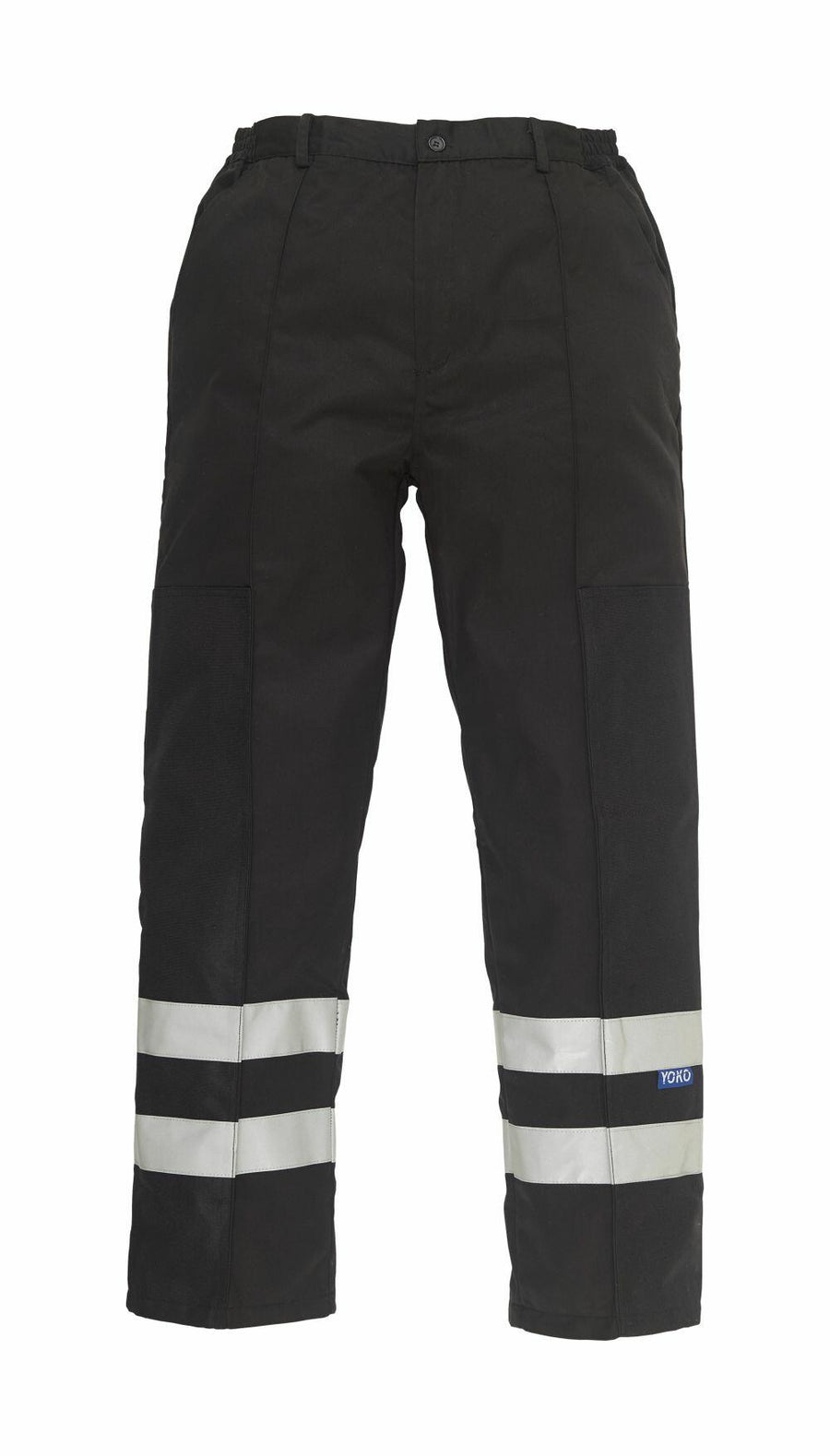 The Yoko YK074 pants are black work trousers featuring reflective stripes on the legs and multiple pockets.