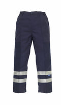 Yoko's YK074 work pants are dark blue with reflective silver stripes around the calves and feature a button and zipper closure.