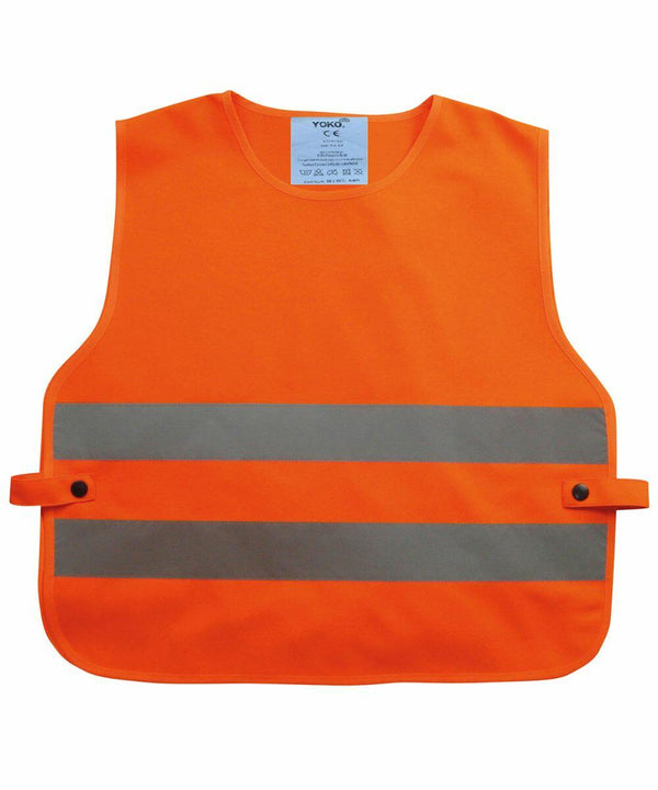 A bright orange Yoko YK101 with reflective grey stripes and a label at the neck. The vest has adjustable side fasteners with buttons.