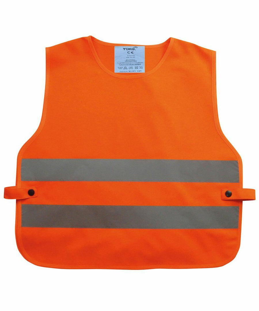 A bright orange Yoko YK101 with reflective grey stripes and a label at the neck. The vest has adjustable side fasteners with buttons.