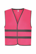 A Yoko YK102 safety vest in pink featuring black trim and two horizontal black stripes.