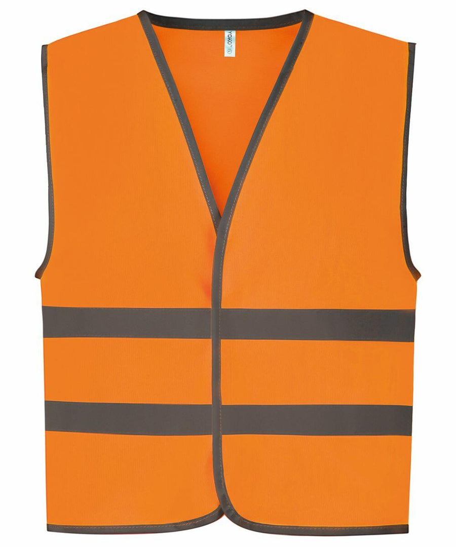 Bright orange Yoko YK102 safety vest with black trim and two horizontal reflective stripes.