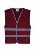 A front view of the Yoko YK102 maroon safety vest featuring gray reflective stripes.
