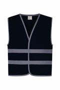 The Yoko YK102 is a black safety vest with gray reflective stripes across the chest and waist, showcasing a V-neck design. It is displayed flat against a plain white background for the photograph.