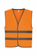 The Yoko YK102 is an orange safety vest designed with two horizontal reflective gray stripes and features a simple open-front design with dark gray edging.