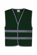 A dark green Yoko safety vest, model YK102, features reflective gray stripes across the front and is designed with an open front and sleeveless style.