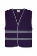 The Yoko YK102 is a purple safety vest featuring two horizontal reflective silver stripes across the front. It has a V-neck design and is crafted for enhanced visibility.