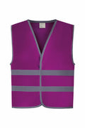 Introducing the Yoko YK102: a purple safety vest featuring reflective gray stripes across the front and around the waist for enhanced visibility, designed with a V-neck and an open front.