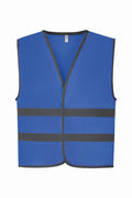 The Yoko YK102 safety vest features a blue design with two horizontal black reflective stripes and black trim around the edges, displayed against a plain white background.