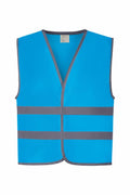 Introducing the Yoko YK102: a blue safety vest featuring two horizontal gray reflective stripes and a V-neck design.