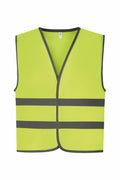 The Yoko YK102 is a high-visibility safety vest in bright yellow-green, featuring two horizontal reflective gray stripes across the front. It comes with a V-neckline and has dark edging along the seams.