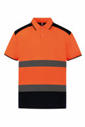 The Yoko YK104 is a short-sleeved polo shirt in orange and black, featuring a collar and two horizontal reflective stripes across the front.