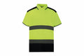 The Yoko YK104 is a high-visibility yellow safety shirt featuring black and gray reflective stripes, short sleeves, and a collar.