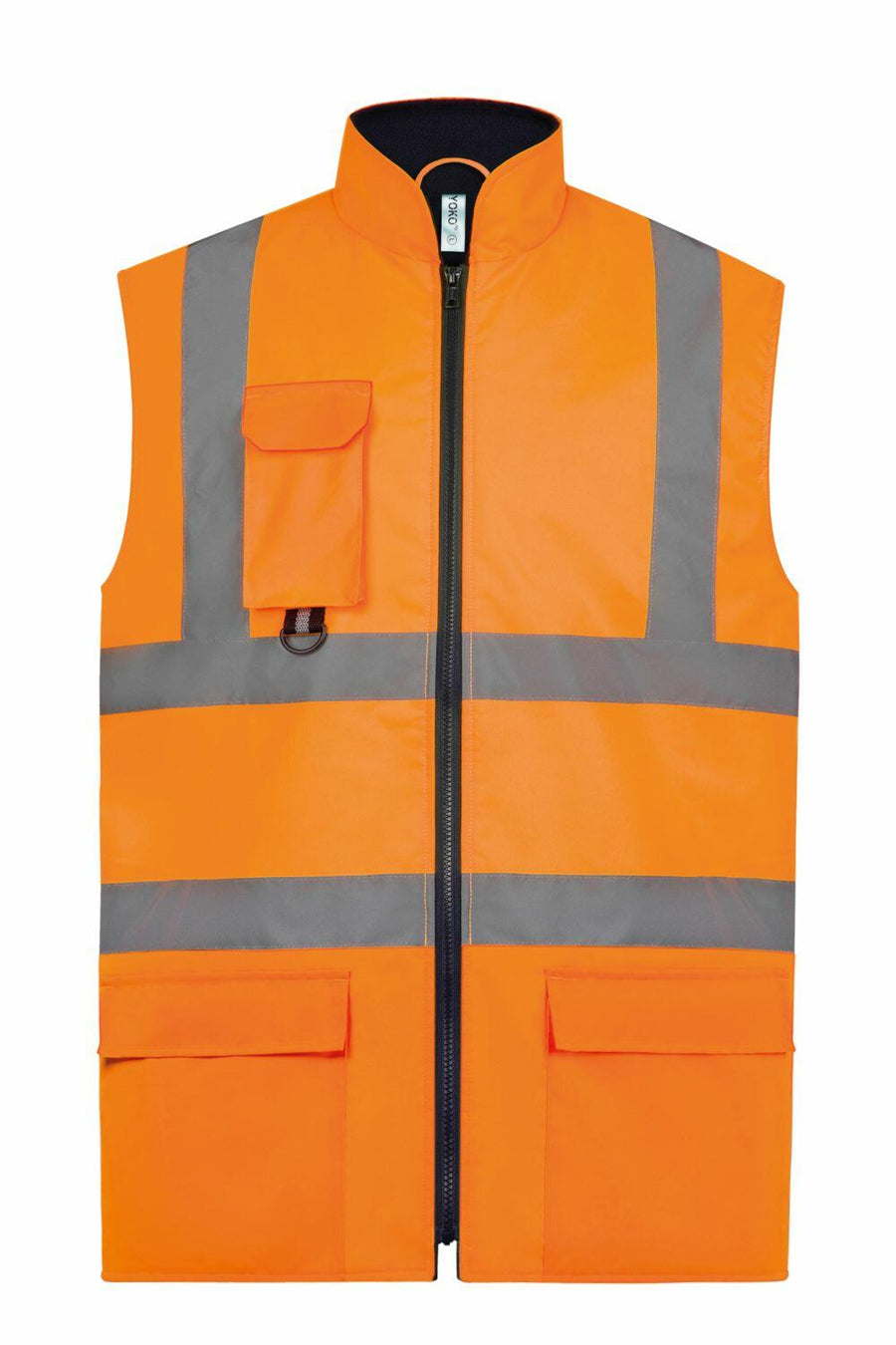 Yoko's YK105 high-visibility vest in orange features gray reflective stripes, a front zipper, two lower pockets, and one chest pocket.