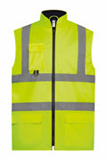 The Yoko YK105 is a yellow high-visibility safety vest featuring gray reflective stripes, a front zipper, and multiple pockets.