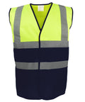 Introducing the Yoko YK107, a high-visibility safety vest that boasts yellow and black sections with two horizontal reflective stripes.
