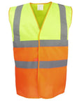 A Yoko YK107 high-visibility safety vest featuring bright yellow and orange sections with reflective grey stripes.