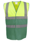 Introducing the Yoko YK107 safety vest, designed with a striking bright yellow upper section and a green lower section. It includes reflective gray stripes that run horizontally across the chest and waist, as well as vertically over the shoulders.