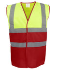 The Yoko YK107 is a sleeveless high-visibility safety vest with a bright yellow top and red bottom, featuring reflective gray horizontal and vertical stripes for enhanced visibility.