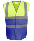 The Yoko YK107 is a sleeveless high-visibility vest designed for safety in low-light conditions, featuring bright yellow top panels and blue lower panels with reflective gray horizontal and vertical stripes.