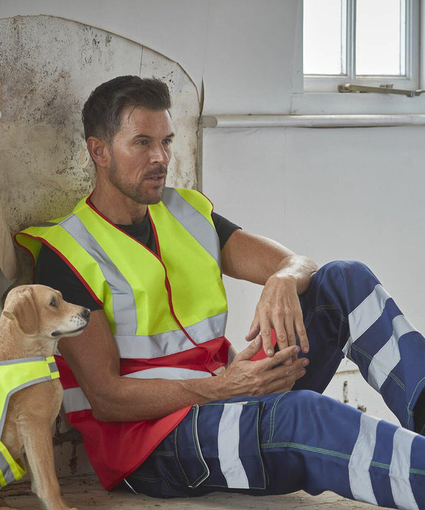 A man in a high-visibility vest and blue work trousers sits on the floor next to a dog also wearing a Yoko YK107.