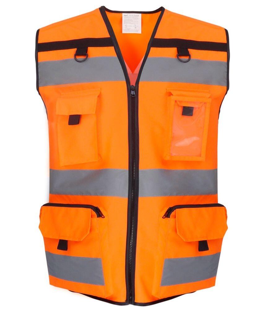 Yoko's YK108 features a vibrant orange design with reflective gray stripes, multiple pockets, and a front zipper.