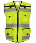 The Yoko YK108 is a high-visibility yellow safety vest featuring reflective gray stripes and multiple pockets, displayed on a plain white background.