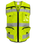The Yoko YK108 is a vibrant yellow safety vest featuring reflective silver stripes. It includes several pockets, such as a clear plastic chest pocket and zippered side pockets. The vest is designed with a front zipper closure and enhanced with black trim accents.