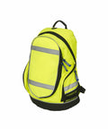 The Yoko YK150 is a bright yellow backpack featuring gray reflective stripes, zippers with a blue logo, and a black bottom.