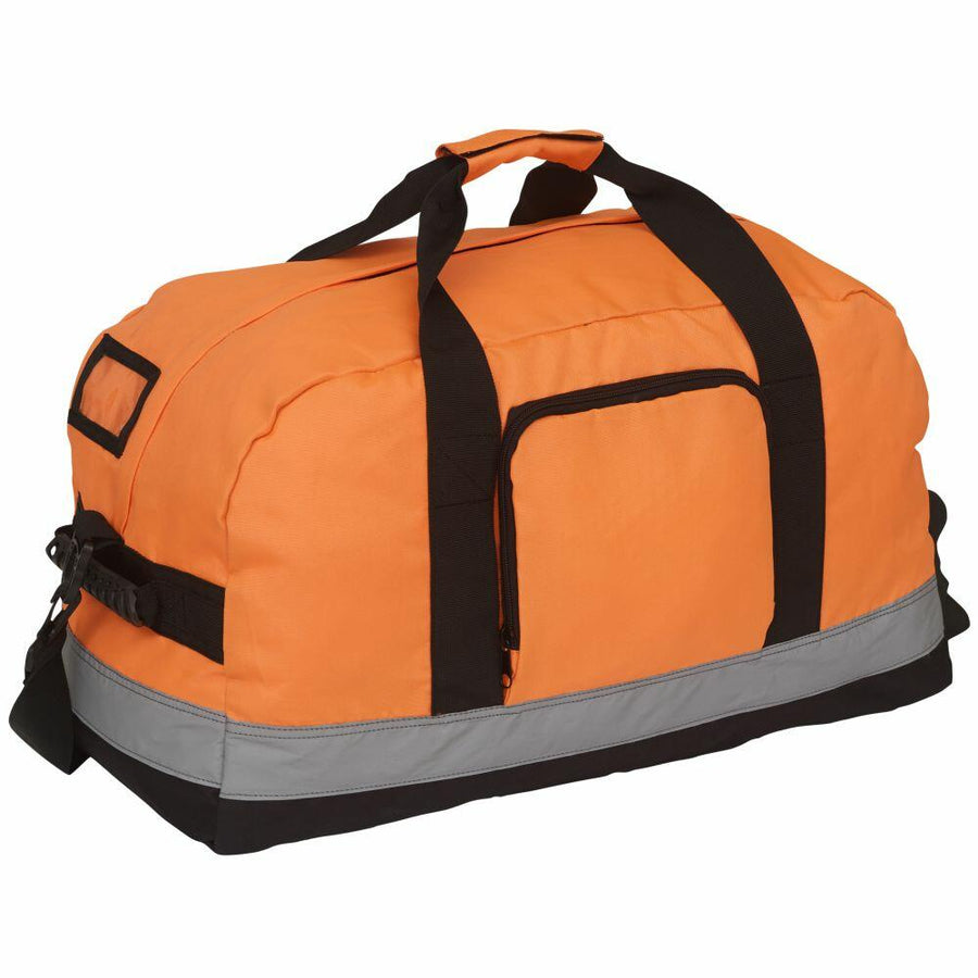 YK151 by Yoko is an orange duffel bag featuring black handles, a front pocket, and a reflective gray stripe at the bottom.