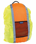 A fluorescent yellow and orange backpack cover with reflective strips and a mesh pocket labeled "YK152" by Yoko.