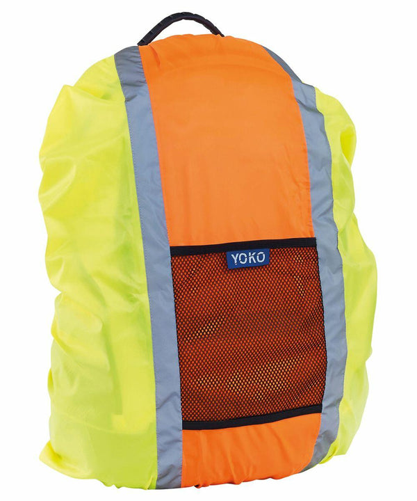A fluorescent yellow and orange backpack cover with reflective strips and a mesh pocket labeled "YK152" by Yoko.