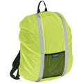 The YK152 by Yoko is a bright yellow backpack cover featuring reflective gray stripes and a black mesh pocket, complete with a small black handle at the top and the Yoko logo on the mesh pocket.